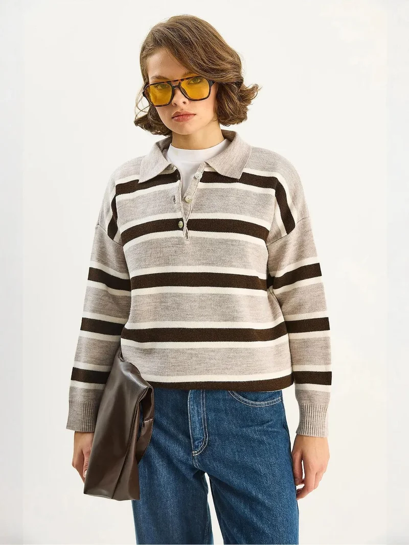 Bianco Lucci Natural LUCCI Polo Collar Long Sleeve Knit Sweater for Women | Best Price UAE