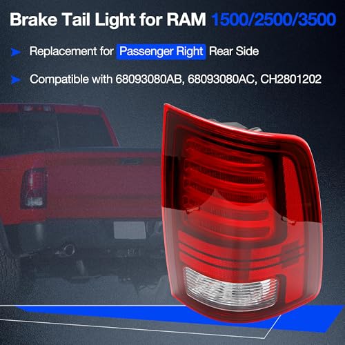 Misakomo LED Tail Lights for Dodge Ram 1500 2013-2018 and Ram 2500/3500 2014-2018 - Rear Taillight Assembly Replaces for 68093080AB, 68093080AC, and CH2801202 - Tail Lamp for Passenger Right Side RH - Image 2