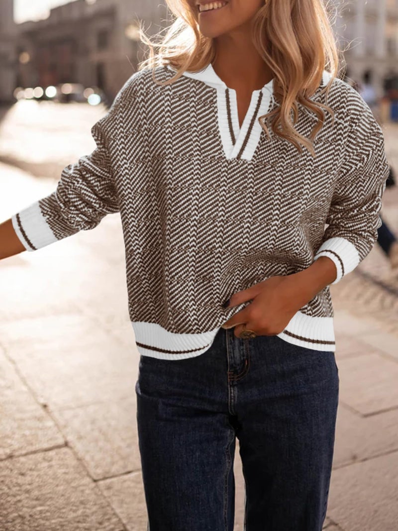Saodimallsu Womens Fall Sweaters Tops Lapel V Neck Knit Sweater Color Block Long Sleeve Casual Soft Pullover Shirt Coffee - Image 3