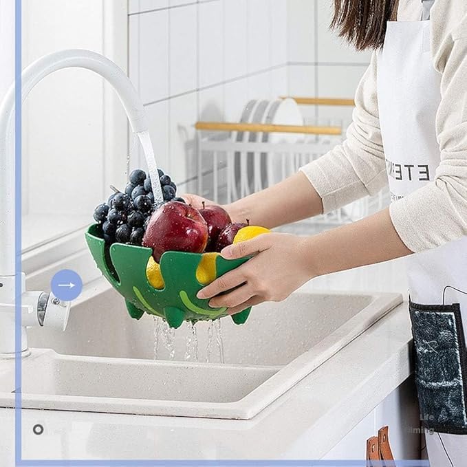 KIDINGTON Green Plastic Leaf Shape Wash Store Fruit Basket Decorative Fruit Vegetable Basket and Strainer for Home Kitchen Dining Table - Image 2
