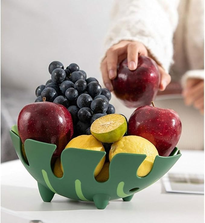 KIDINGTON Green Plastic Leaf Shape Wash Store Fruit Basket Decorative Fruit Vegetable Basket and Strainer for Home Kitchen Dining Table - Image 1