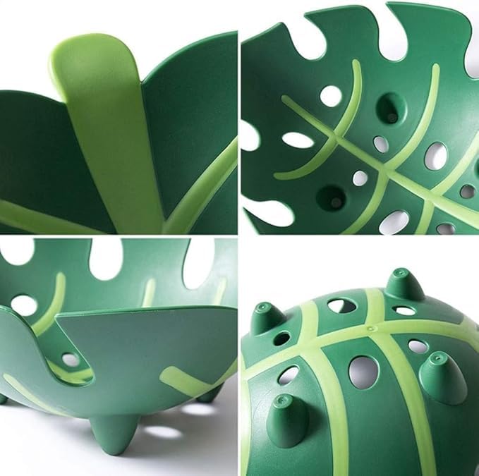 KIDINGTON Green Plastic Leaf Shape Wash Store Fruit Basket Decorative Fruit Vegetable Basket and Strainer for Home Kitchen Dining Table - Image 5