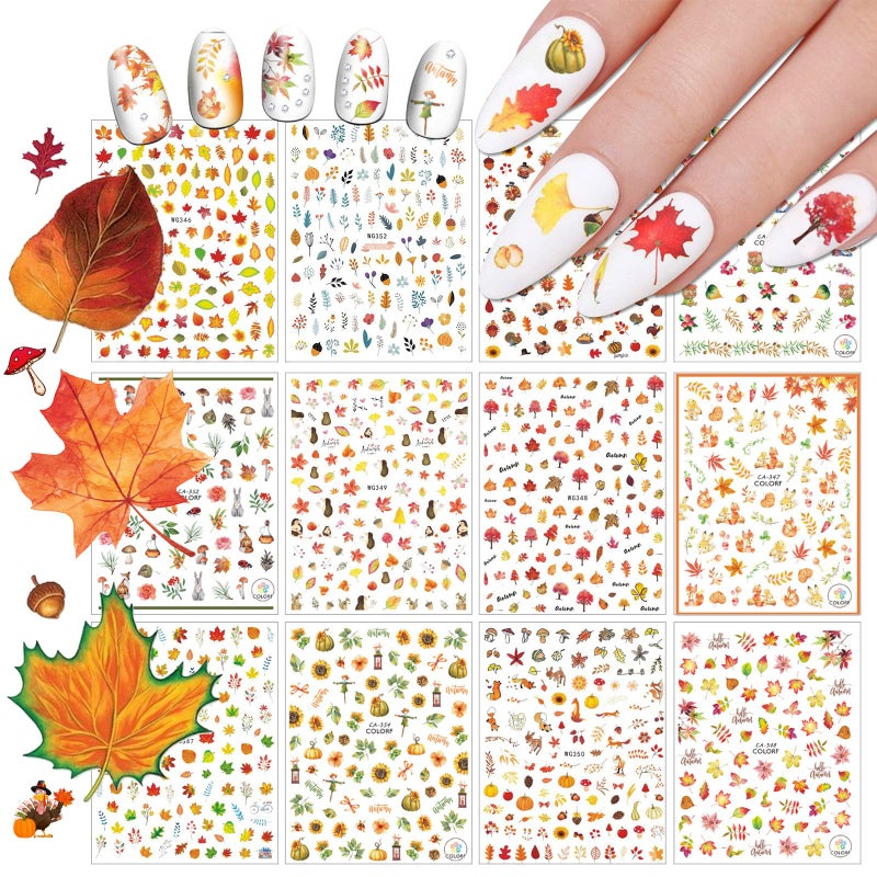 12 Sheets Fall Nail Art Sticker Decals EBANKU Self Adhesive Maple Leaf Nail Stickers Autumn Thanksgiving Carton Animal Sticker for Women Girls Nail Decorations Nail Designs