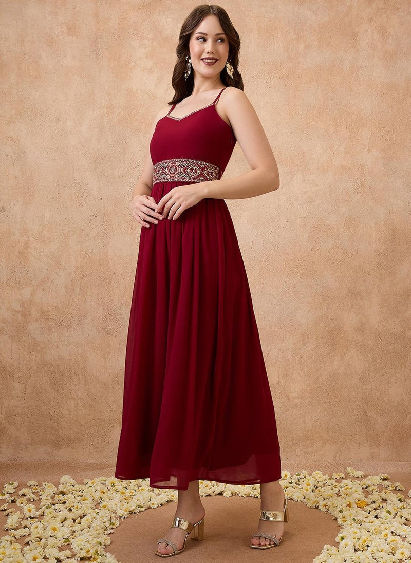 Globus Women's Maroon Embroidered Sweetheart Neck A Line Maxi Dress - Image 3