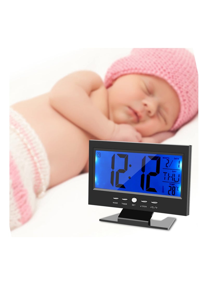 SYOSI - Electric Clock Digital Alarm Clocks LCD Digital Sound Sensor Table Desk Alarm Clock with Calendar and Temp Display Table Deskalarm Clock for Bedroom Living Room Office - Image 1