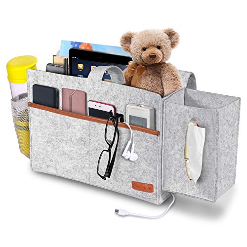 SIMBOOM Bedside Pocket Felt Hanging Storage Bag with Tissue Box and Water Bottle Holder Dorm Bedroom Bed Sofa Organizer for Phone Tablet Remote Magazines  Light Grey