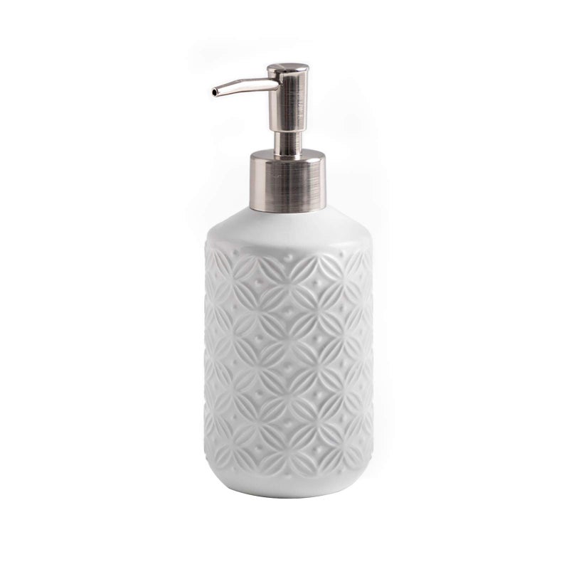 FE Soap Dispenser 135oz Soap Dispenser Bathroom with 304 Rust Proof Stainless Steel Pump Ceramic Hand Soap Dispenser with Vintage Emboss Design for Kitchen  Bathroom White