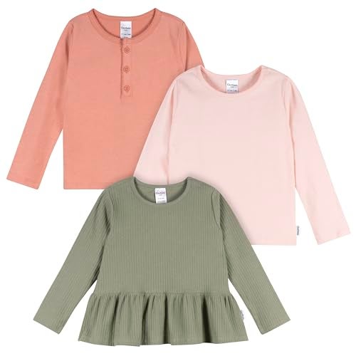 Gerber Baby Girls 3Pack Long Sleeve Shirts Green Pink Coral 18 Months - Image 1