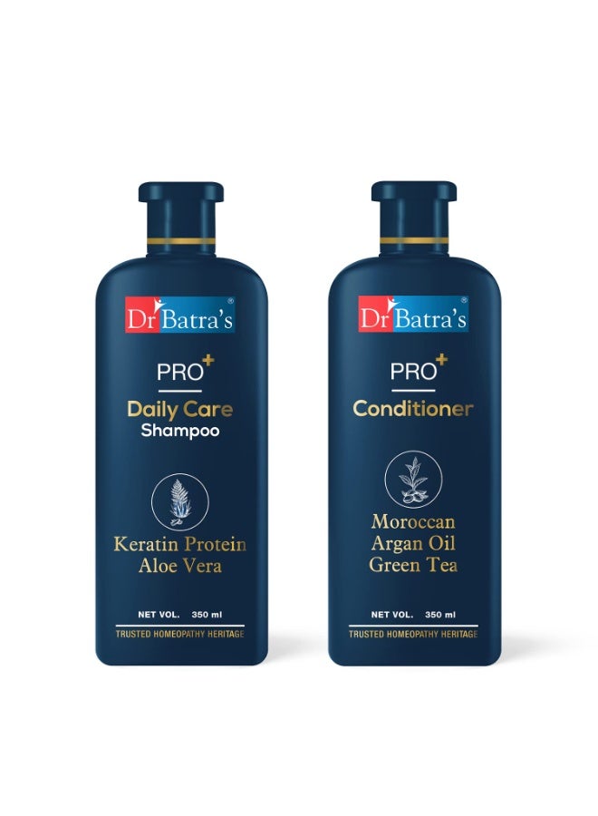 دكتور باترا شامبو Dr Batra's Pro+ للعناية اليومية - 350 مل، وبلسم Pro+ - 350 مل؛ تركيبة غنية للغاية بالبروتينات، ومستخلصات الصبار، وزيت الأرغان المغربي، والشاي الأخضر. يمنح الشعر نعومةً ولمعاناً وتغذيةً فائقة، وهو لطيف للغاية على الشعر (عبوة مزدوجة). - Image 1