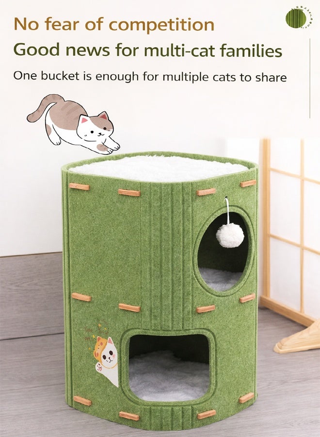 سيسلي بيت قطط وبرج قطط من طبقتين من اللباد مع سرير مريح للقطط وأثاث داخلي متعدد المستويات للعب والتسلق والراحة 37×37×60 سم أخضر - Image 2