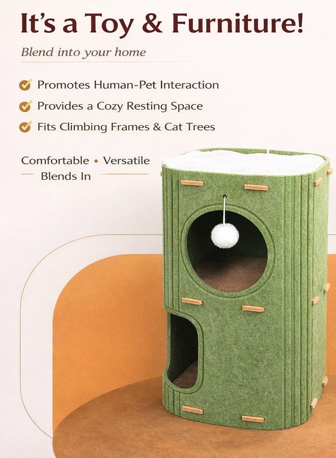 سيسلي بيت قطط وبرج قطط من طبقتين من اللباد مع سرير مريح للقطط وأثاث داخلي متعدد المستويات للعب والتسلق والراحة 37×37×60 سم أخضر - Image 4