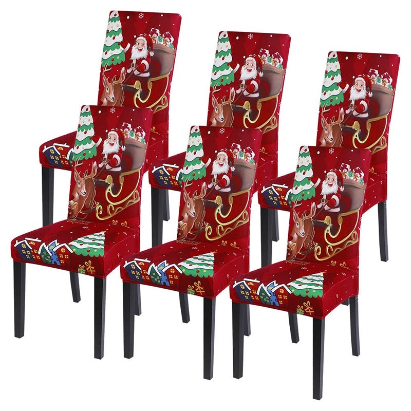 SearchI Christmas Chair Covers Set of 6 Stretch Xmas Kitchen Chair Cover Removable Washable Holiday Parsons Chair Slipcovers for Dining Room Christmas Decoration CeremonySanta ClausElk