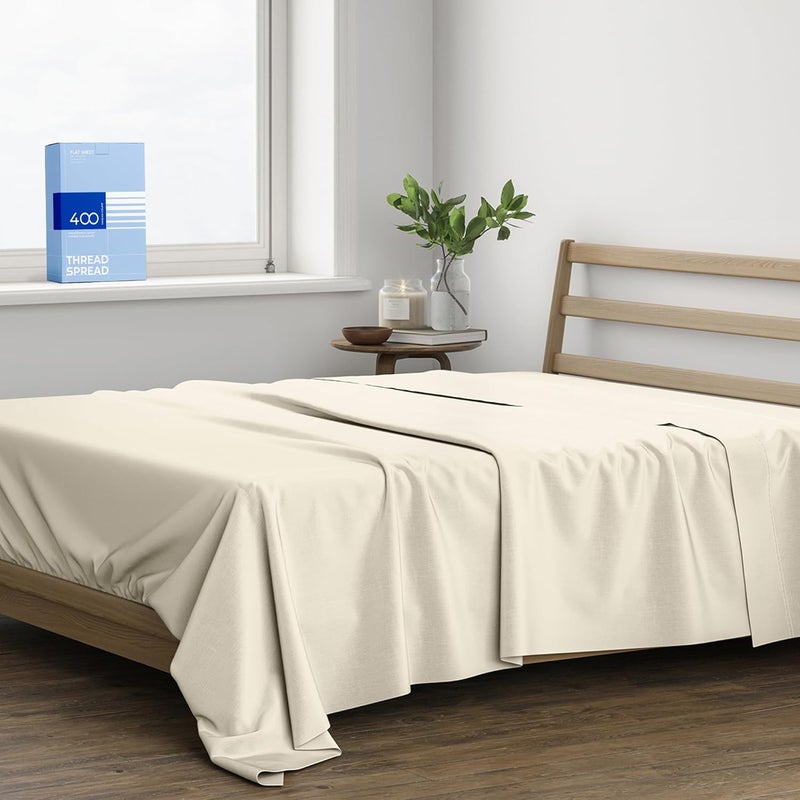 THREAD SPREAD 100% Cotton King Size Flat Sheet Only - 400 Thread Count King Flat Sheet (1 PC, Ivory), Silky Soft, Breathable, Cooling, Sateen Weave, Hotel Quality Top Sheets for Hot Sleepers - Image 1