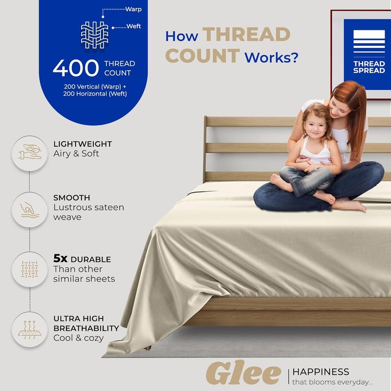 THREAD SPREAD 100% Cotton King Size Flat Sheet Only - 400 Thread Count King Flat Sheet (1 PC, Ivory), Silky Soft, Breathable, Cooling, Sateen Weave, Hotel Quality Top Sheets for Hot Sleepers - Image 2