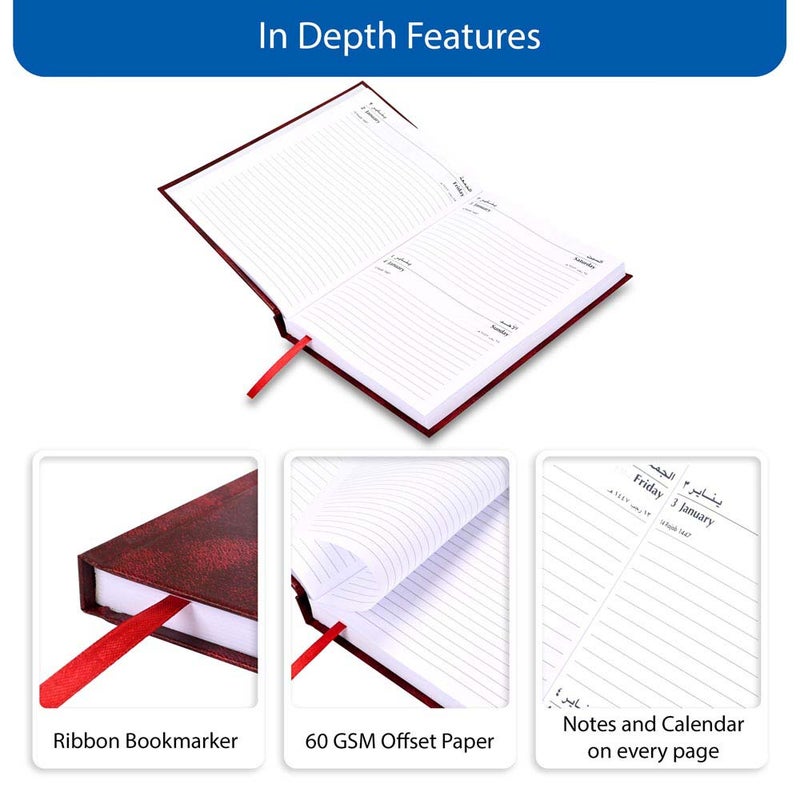FIS مفكرة FIS 2026 A5، بحجم 148x210 مم، غلاف صلب من الفينيل، تنسيق يوم واحد في الصفحة، السبت والأحد مجتمعة، إنجليزي/عربي، ورق أبيض 60 جرام، غلاف ماروني - FSDI90AE26MR - Image 5