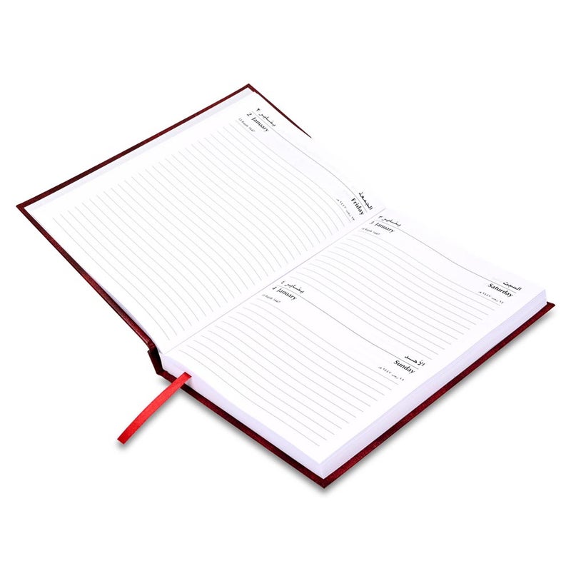 FIS مفكرة FIS 2026 A5، بحجم 148x210 مم، غلاف صلب من الفينيل، تنسيق يوم واحد في الصفحة، السبت والأحد مجتمعة، إنجليزي/عربي، ورق أبيض 60 جرام، غلاف ماروني - FSDI90AE26MR - Image 3