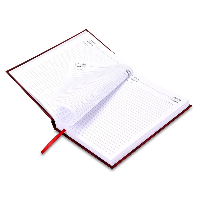 FIS مفكرة FIS 2026 A5، بحجم 148x210 مم، غلاف صلب من الفينيل، تنسيق يوم واحد في الصفحة، السبت والأحد مجتمعة، إنجليزي/عربي، ورق أبيض 60 جرام، غلاف ماروني - FSDI90AE26MR - Image 4