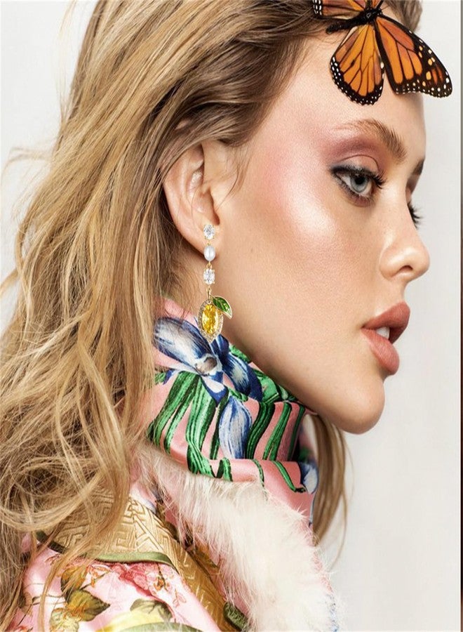 WCRAZYE Lemon Earrings for Women Chic Cute Rhinestone Crystal Fruits Drop Dangle Earrings Dainty Fruit Gold Earring Yellow Orange Charm Birthday Valentine's Day Mother's Day Cosplay Gift (Lemon Earrings) - Image 2