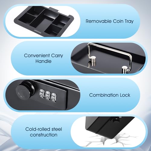 KYODOLED Metal Cash Box with Combination Lock & Money Tray - Secure Safe for Home, Office & Events, Ideal for Cash, Meds & Small Items, 7.87" x 6.30" x 3.35", Black, 2PACK - Image 3