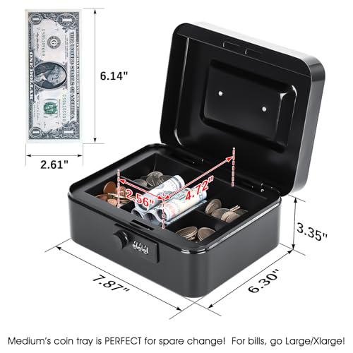 KYODOLED Metal Cash Box with Combination Lock & Money Tray - Secure Safe for Home, Office & Events, Ideal for Cash, Meds & Small Items, 7.87" x 6.30" x 3.35", Black, 2PACK - Image 2