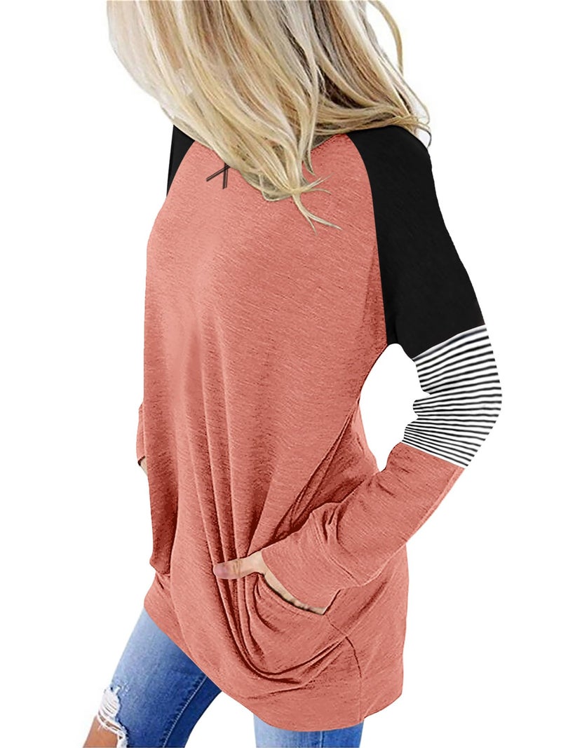 onlypuff Womens Top Casual Pocket Shirts Long Sleeve Tunic Tops Fall Clothes Sweatshirts Coral L - Image 3
