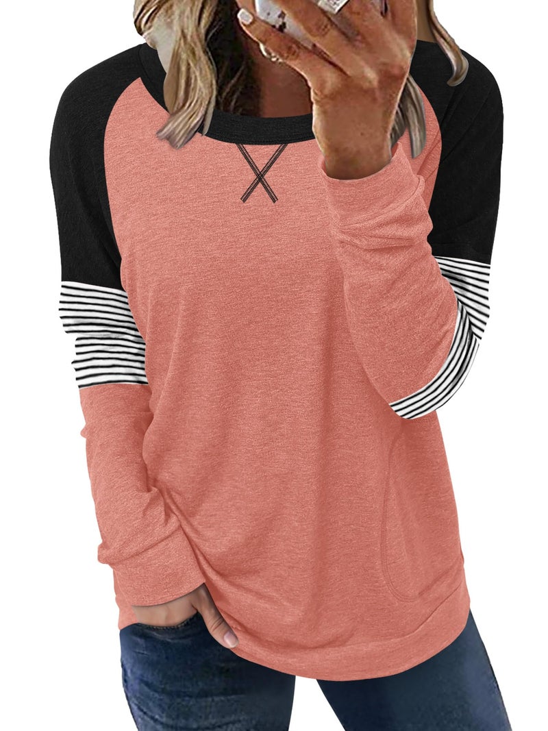 onlypuff Womens Top Casual Pocket Shirts Long Sleeve Tunic Tops Fall Clothes Sweatshirts Coral L - Image 1