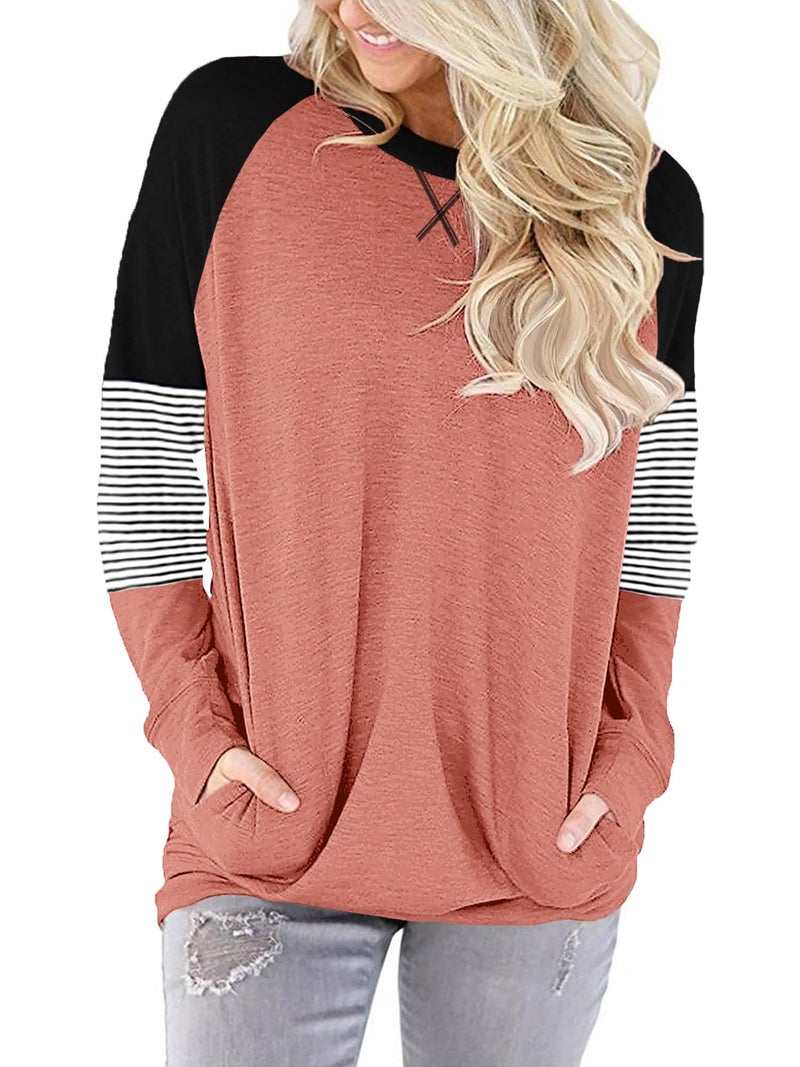 onlypuff Womens Top Casual Pocket Shirts Long Sleeve Tunic Tops Fall Clothes Sweatshirts Coral L - Image 2