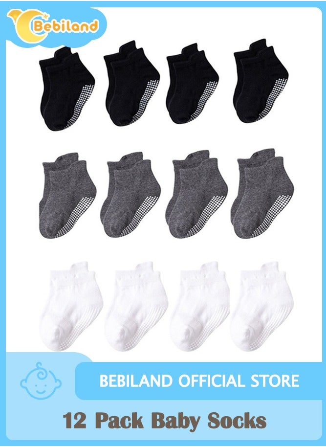 Bebiland 12 زوج من جوارب الأطفال جوارب للأطفال غير قابلة للانزلاق مع كعب غير منزلق للأطفال من 1-3 سنوات، الحجم م - Image 1