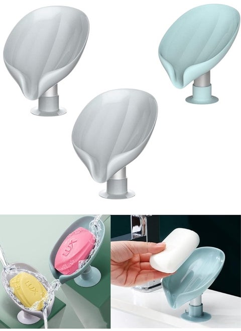 3pcs Self Draining Leaf Shape Soap Holder with Suction Cup to Stick to Surface