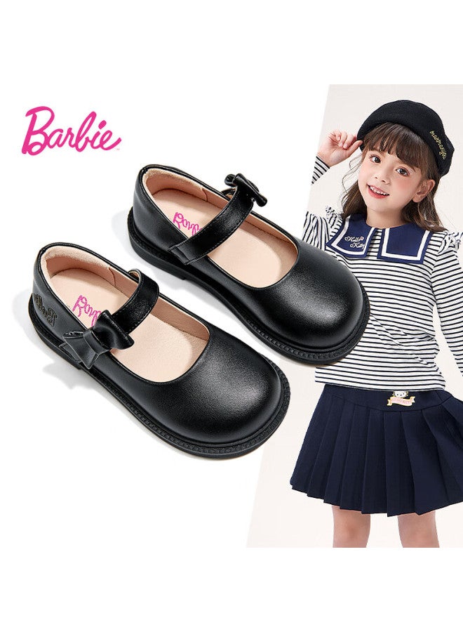 Barbie Babi Children's Shoes, Spring And Autumn Matte Versatile Performance Black Leather Shoes, Girls' Student Bow-tie Small Leather Shoes, Da6565 Black, Size 35 - Image 1