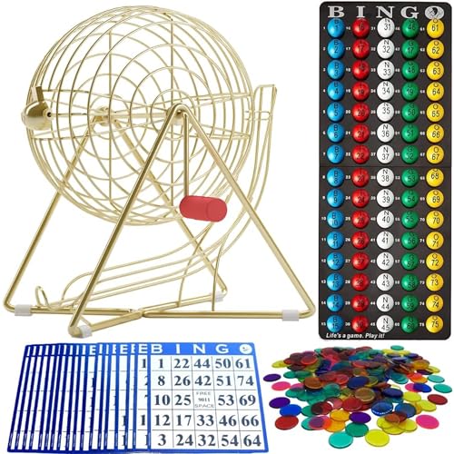 MR CHIPS 11 Tall Bingo Set with Steel Cage Professional Game Everlasting 78 Balls 18 Cards and 300 Chips Luxury Gold Color - Image 1