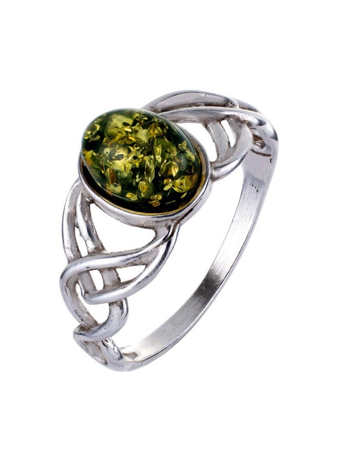 HolidayGiftShops Sterling Silver And Baltic Green Amber Adult Ring Celtic Knots Size 8 - Image 1