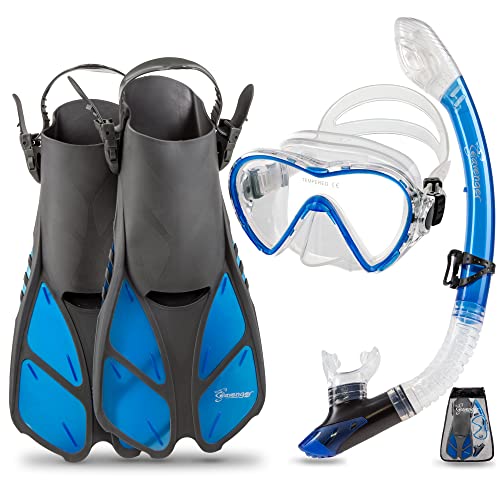 Seavenger Diving Dry Top Snorkel Set with Trek Fin, Single Lens Mask and Gear Bag, XS/XXS - Size 1 to 4 or Children 10-13, Gray/Clear Blue - Image 1