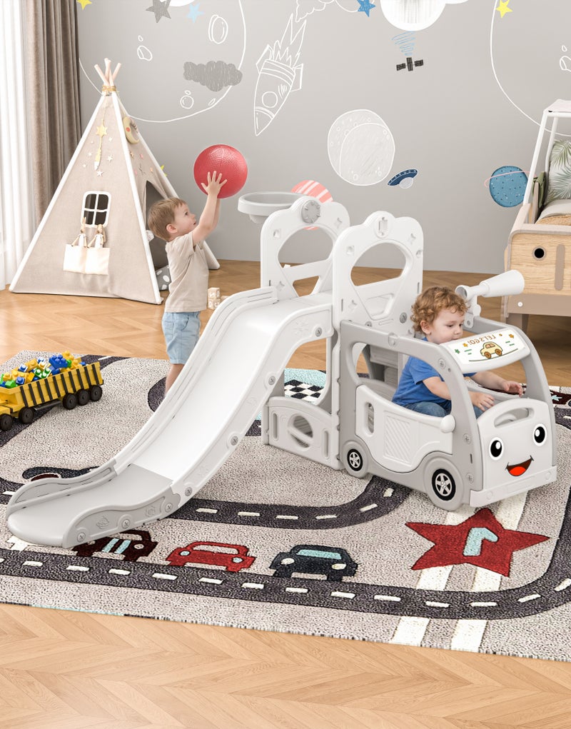 NEWLAN 4-in-1 Kids Slide Playset - Bus-Shaped Climber, Basketball Hoop, Telescope Simulator & Storage Space, Make Playtime More Fun For Children, Indoor & Outdoor Use. White - Image 1