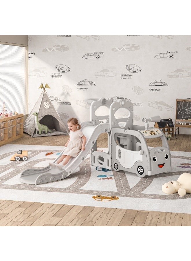 NEWLAN 4-in-1 Kids Slide Playset - Bus-Shaped Climber, Basketball Hoop, Telescope Simulator & Storage Space, Make Playtime More Fun For Children, Indoor & Outdoor Use. White - Image 4