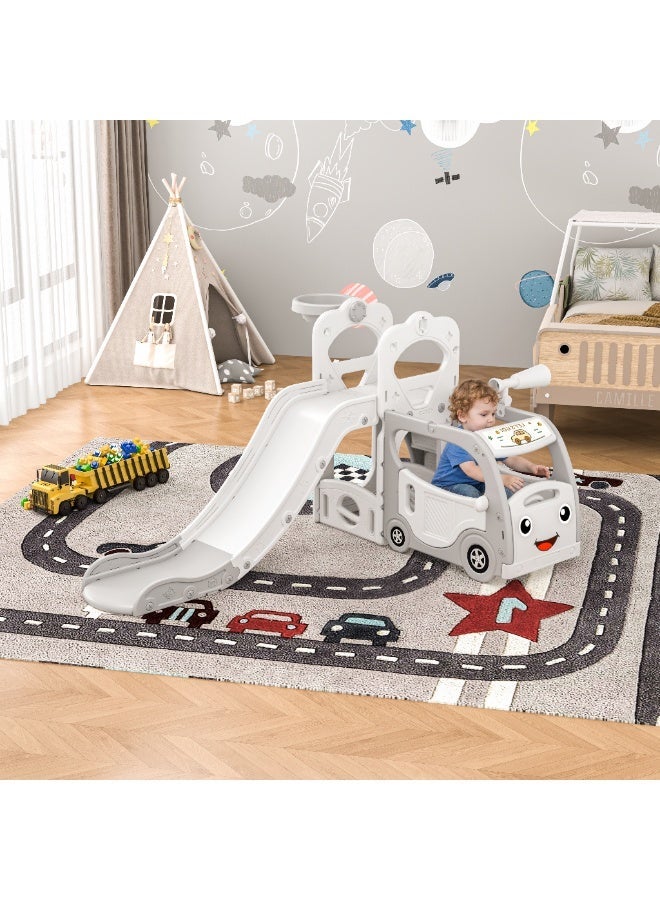 NEWLAN 4-in-1 Kids Slide Playset - Bus-Shaped Climber, Basketball Hoop, Telescope Simulator & Storage Space, Make Playtime More Fun For Children, Indoor & Outdoor Use. White - Image 3