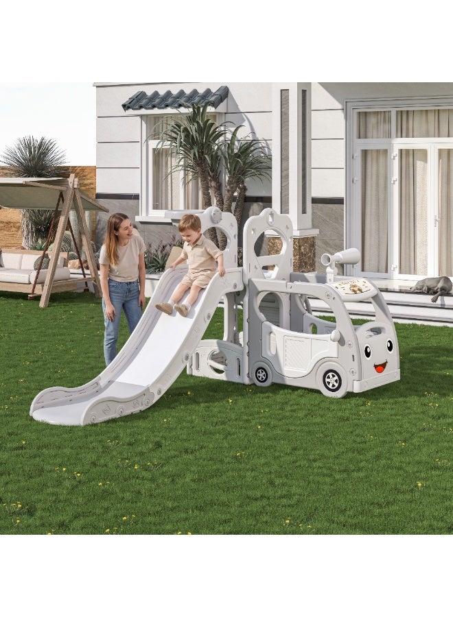NEWLAN 4-in-1 Kids Slide Playset - Bus-Shaped Climber, Basketball Hoop, Telescope Simulator & Storage Space, Make Playtime More Fun For Children, Indoor & Outdoor Use. White - Image 5