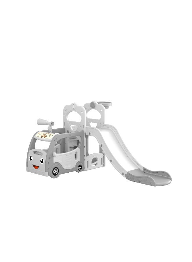 NEWLAN 4-in-1 Kids Slide Playset - Bus-Shaped Climber, Basketball Hoop, Telescope Simulator & Storage Space, Make Playtime More Fun For Children, Indoor & Outdoor Use. White - Image 2