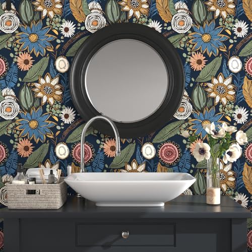 Laatse Boho Wallpaper Peel and Stick Dark Vintage Floral Contact Paper Retro Botanical Flower Wall Paper Self Adhesive Removable Waterproof for Walls Shelf Cabinet Table 175 x 787 BlueYellow Green - Image 3