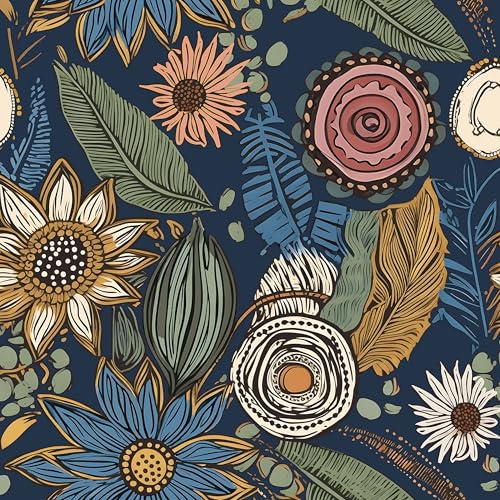 Laatse Boho Wallpaper Peel and Stick Dark Vintage Floral Contact Paper Retro Botanical Flower Wall Paper Self Adhesive Removable Waterproof for Walls Shelf Cabinet Table 175 x 787 BlueYellow Green - Image 1