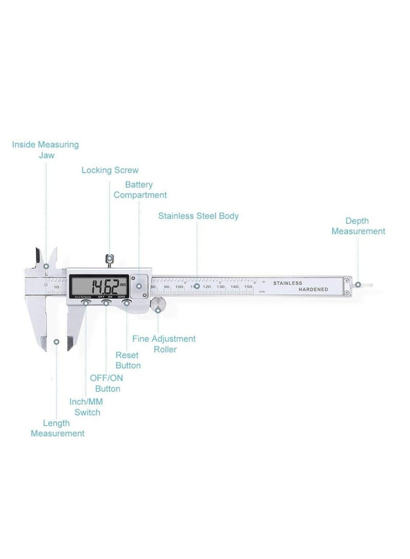 Digital Caliper Measuring Tool Stainless Steel Vernier Caliper Digital Micrometer with Large LCD Screen Easy Switch from Inch Metric Fraction 6 Inch Caliper Tool for DIY Household  - Image 5