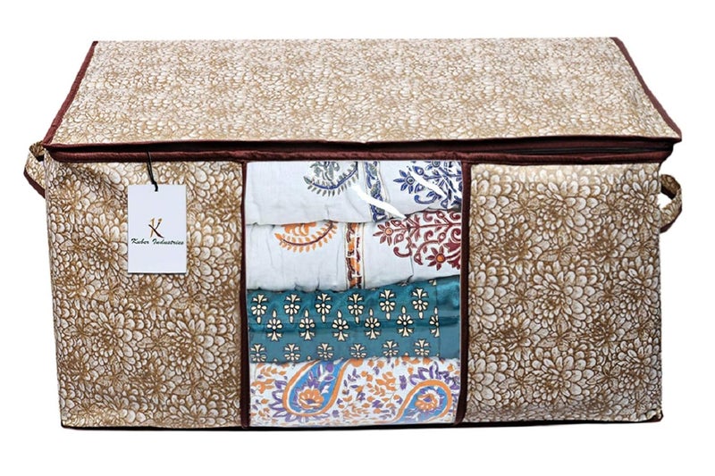 Kuber Industries Flower Design Underbed Storage Bag Storage Organiser Blanket Cover Set of 2 Golden Brown Extra Large Size CTKTC0015246 - Image 2