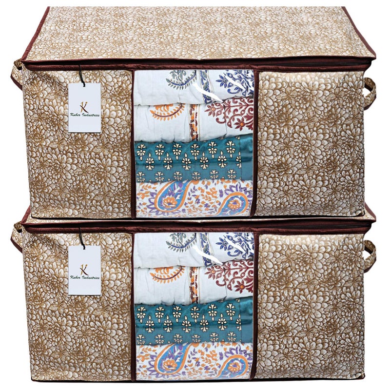 Kuber Industries Flower Design Underbed Storage Bag Storage Organiser Blanket Cover Set of 2 Golden Brown Extra Large Size CTKTC0015246 - Image 1
