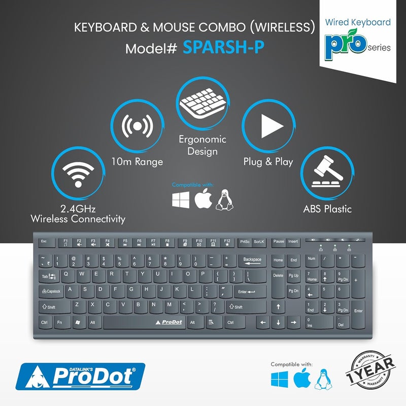 ProDot ProSeries Wireless Chicklet Keyboard Mouse Set I Plug & Play I Adjustable 1000-1600 DPI I 10M Keystrokes I Spill Resistant I 2.4Ghz 10m Range I Works with Windows, iOS, Linux - Image 3