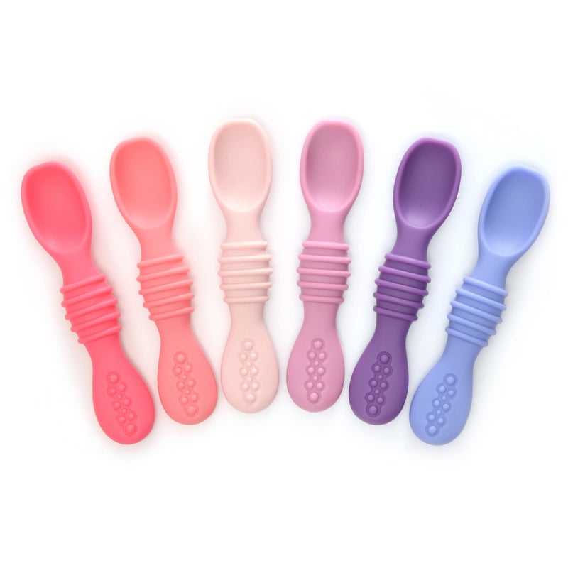 PrimaStella Silicone Chew Spoon Set for Babies and Toddlers Safety Tested BPA Free Microwave Dishwasher and Freezer Safe Rosy Shades
