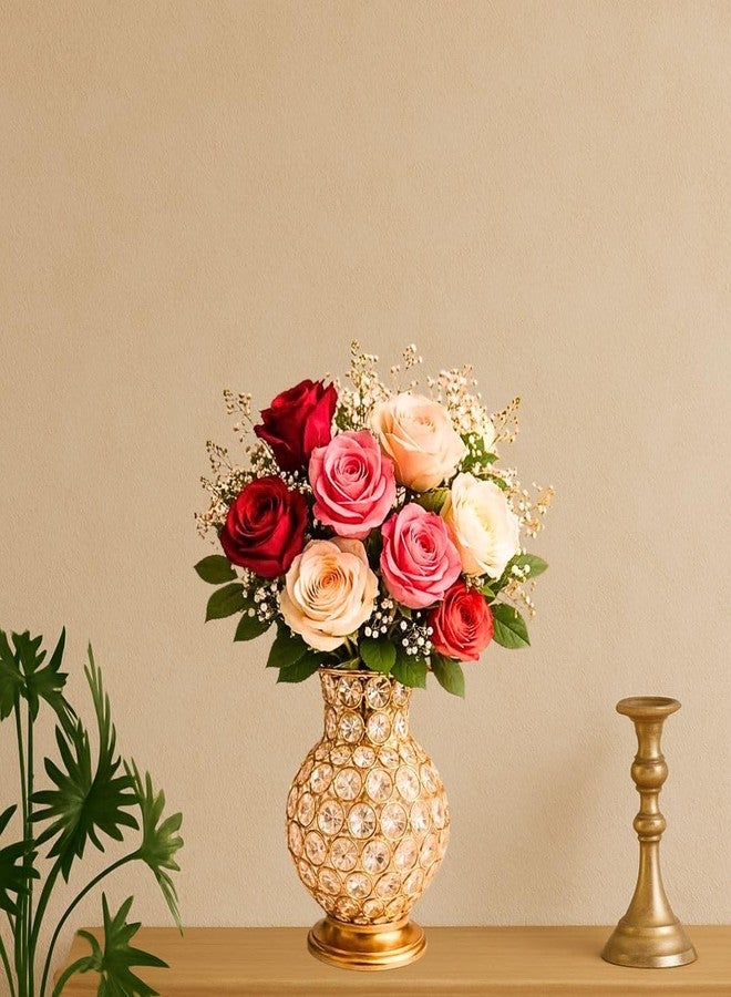 FOXEN COLLECTION مزهرية زهور كريستالية – مزهرية طاولة فاخرة من المعدن والكريستال لتزيين المنزل وغرفة المعيشة وقطعة مركزية - Image 1