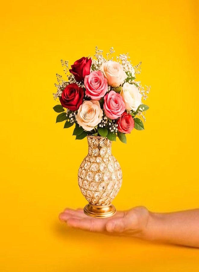 FOXEN COLLECTION مزهرية زهور كريستالية – مزهرية طاولة فاخرة من المعدن والكريستال لتزيين المنزل وغرفة المعيشة وقطعة مركزية - Image 5