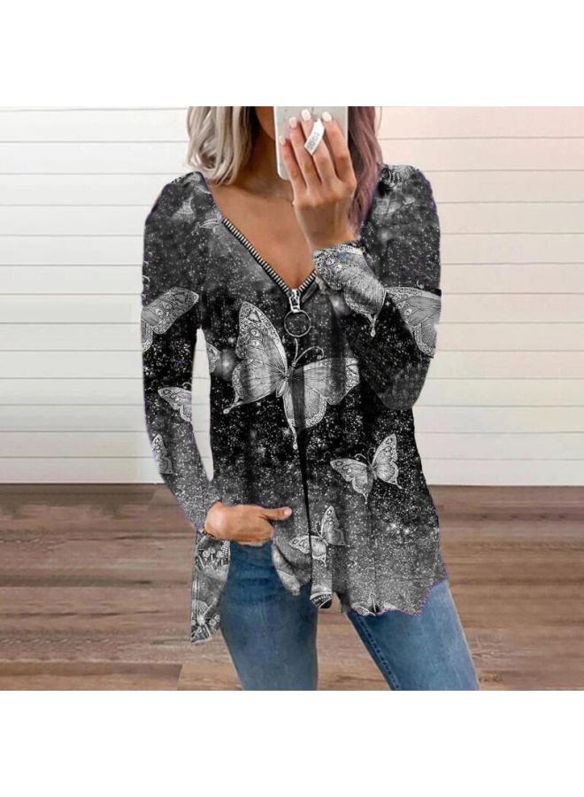 Europe And The United States New V-neck Women's Spring And Autumn Zipper Pullover Printed Loose Women's Long Sleeve Women's Clothing 