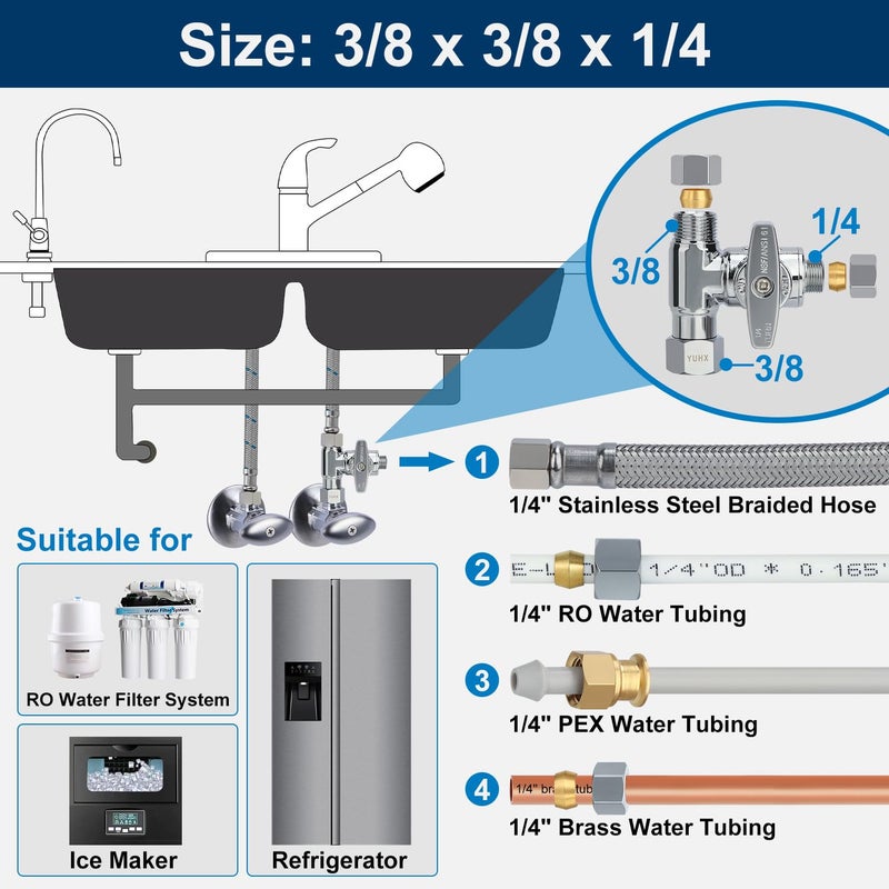 YUHX Brass Angle Stop Add-A-Tee Valve  3/8 X 3/8 X 1/4 Compression Tee Valve Feed Water Adapter For Refrigerators  Ice Maker  Reverse Osmosis Ro Water Filter Systems  3 Way Diverter Water Line Splitter - Image 5