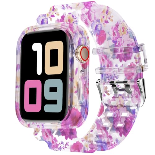 DABAOZA Compatible for Clear Apple Watch Band with Bumper Case 41mm 40mm 38mm, Women Men Glitter Bling TPU Sport Strap for iWatch SE Ultra 3 2 Series 11 10 9 8 7 6 5 4 3 2 1（Flower Rose,41/40/38） - Image 1